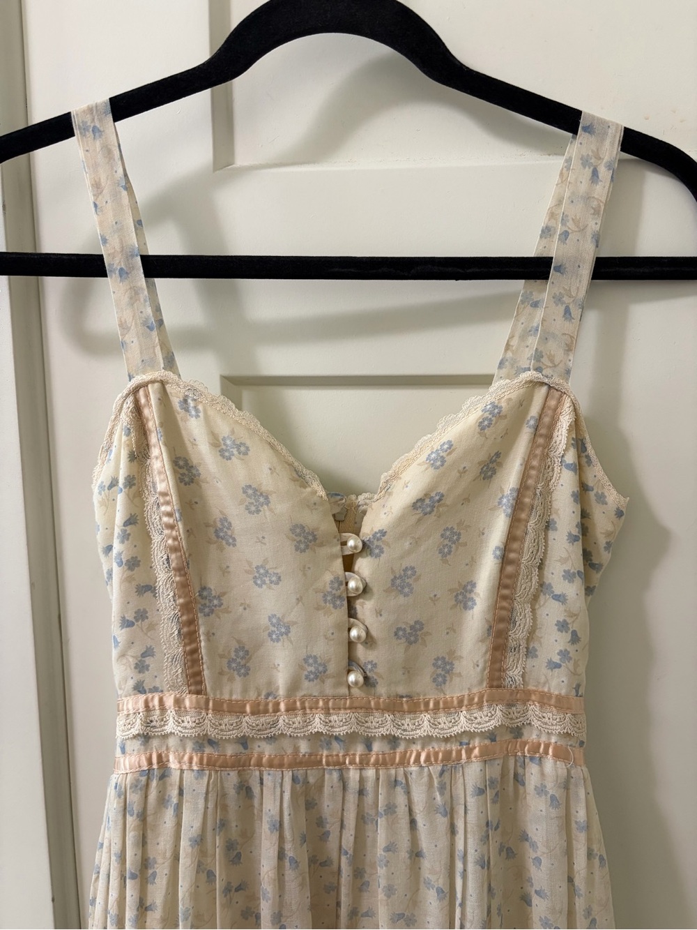 Gunne Sax Vintage Floral Tiered Maxi Sundress Lace Trim Boho Cream Beige Size 7 - Picture 2 of 14